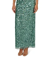 Adrianna Papell Crew Neck Short Sleeve Beaded Sequin Mesh Column Gown