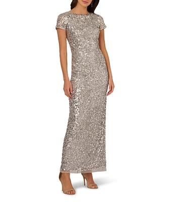 Adrianna Papell Crew Neck Short Sleeve Beaded Sequin Mesh Column Gown