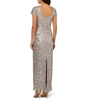 Adrianna Papell Crew Neck Short Sleeve Beaded Sequin Mesh Column Gown