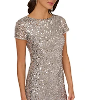 Adrianna Papell Crew Neck Short Sleeve Beaded Sequin Mesh Column Gown