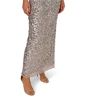 Adrianna Papell Crew Neck Short Sleeve Beaded Sequin Mesh Column Gown