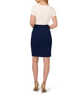 Adrianna Papell Crew Neck Short Sleeve Two Tone Drape Front Crepe Sheath Dress