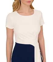 Adrianna Papell Crew Neck Short Sleeve Two Tone Drape Front Crepe Sheath Dress