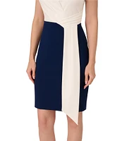 Adrianna Papell Crew Neck Short Sleeve Two Tone Drape Front Crepe Sheath Dress