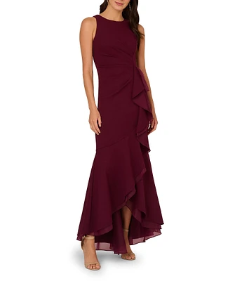 Adrianna Papell Crew Neck Sleeveless Cascading Ruffle High-Low Dress