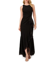 Adrianna Papell Crew Neck Sleeveless Cascading Ruffle High-Low Dress