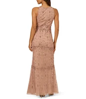 Adrianna Papell Criss Cross Halter Beaded Mesh Sheath Gown