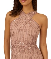 Adrianna Papell Criss Cross Halter Beaded Mesh Sheath Gown