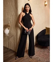 Adrianna Papell Criss Cross Halter Stretch Jersey Tulip Jumpsuit