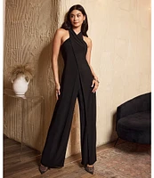 Adrianna Papell Criss Cross Halter Stretch Jersey Tulip Jumpsuit