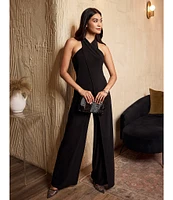 Adrianna Papell Criss Cross Halter Stretch Jersey Tulip Jumpsuit