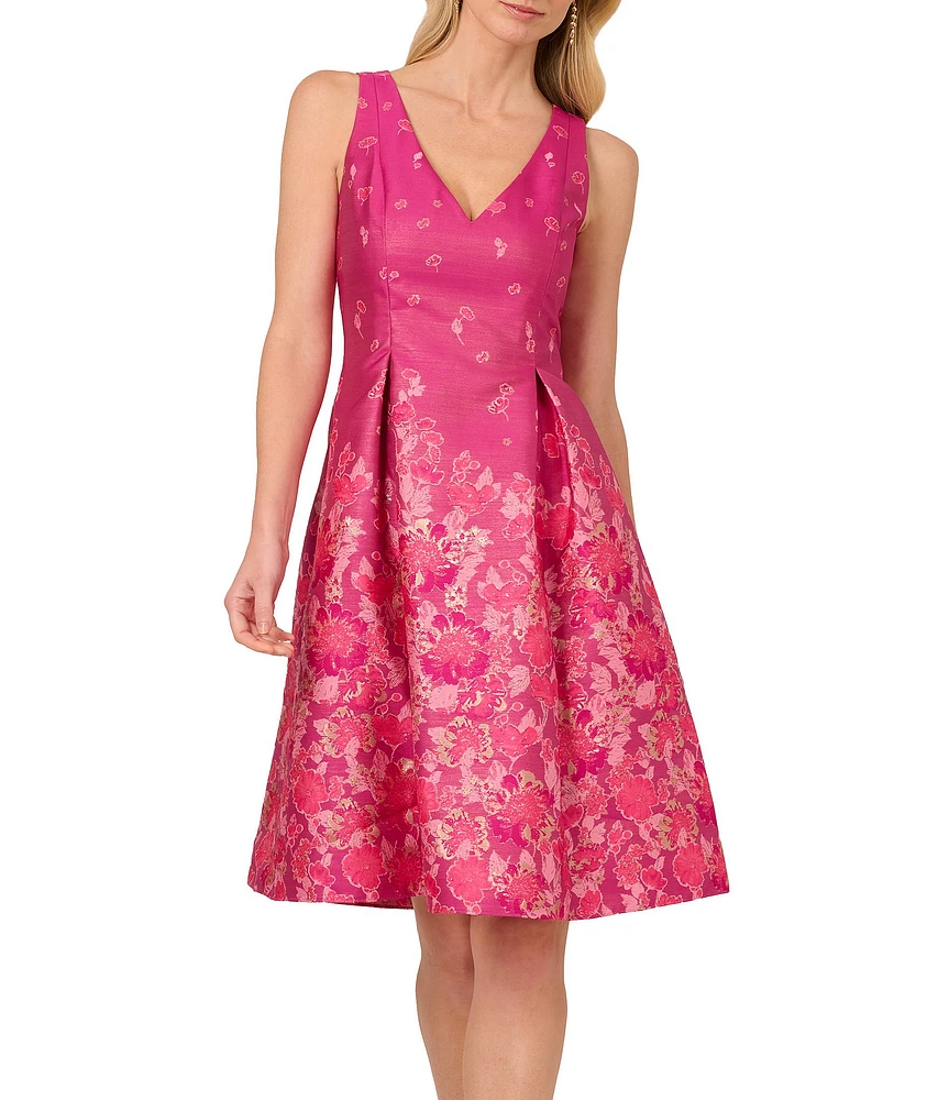 Adrianna Papell Double V-Neck Floral Jacquard Fit & Flare Dress
