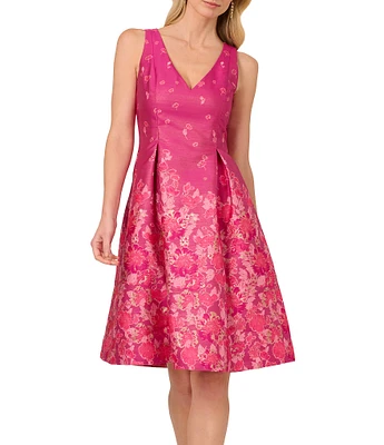 Adrianna Papell Double V-Neck Floral Jacquard Fit & Flare Dress