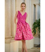 Adrianna Papell Double V-Neck Floral Jacquard Fit & Flare Dress