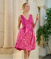 Adrianna Papell Double V-Neck Floral Jacquard Fit & Flare Dress