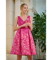 Adrianna Papell Double V-Neck Floral Jacquard Fit & Flare Dress