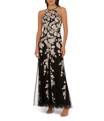 Adrianna Papell Embroidered Floral Print Halter Neck Sleeveless A-Line Gown