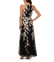 Adrianna Papell Embroidered Floral Print Halter Neck Sleeveless A-Line Gown