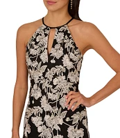 Adrianna Papell Embroidered Floral Print Halter Neck Sleeveless A-Line Gown