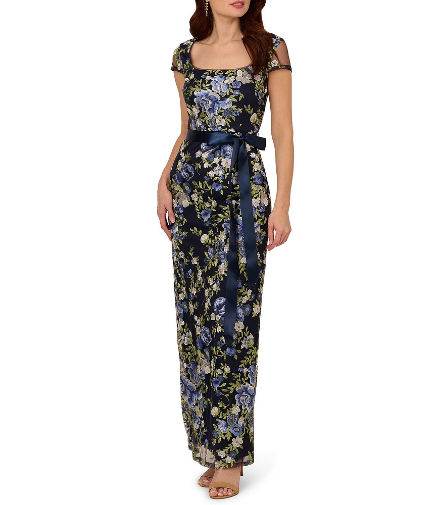 Adrianna Papell Embroidered Floral Print Square Neck Short Sleeve Tie Waist Column Gown
