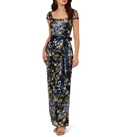 Adrianna Papell Embroidered Floral Print Square Neck Short Sleeve Tie Waist Column Gown