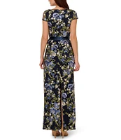 Adrianna Papell Embroidered Floral Print Square Neck Short Sleeve Tie Waist Column Gown
