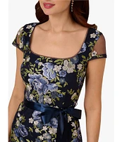 Adrianna Papell Embroidered Floral Print Square Neck Short Sleeve Tie Waist Column Gown
