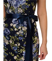 Adrianna Papell Embroidered Floral Print Square Neck Short Sleeve Tie Waist Column Gown