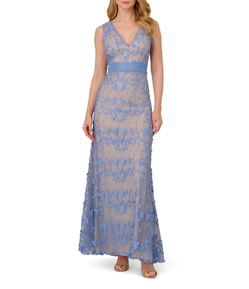 Adrianna Papell Embroidered Lace V-Neck Sleeveless Sheath Gown