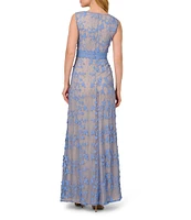 Adrianna Papell Embroidered Lace V-Neck Sleeveless Sheath Gown