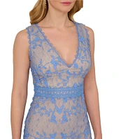 Adrianna Papell Embroidered Lace V-Neck Sleeveless Sheath Gown