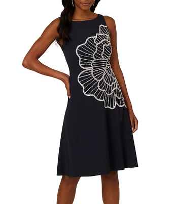 Adrianna Papell Floral Beaded Crepe Boat Neck Midi A-Line Dress