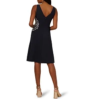 Adrianna Papell Floral Beaded Crepe Boat Neck Midi A-Line Dress
