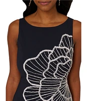 Adrianna Papell Floral Beaded Crepe Boat Neck Midi A-Line Dress
