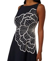 Adrianna Papell Floral Beaded Crepe Boat Neck Midi A-Line Dress