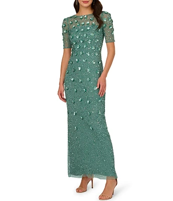 Adrianna Papell Floral Beaded Mesh Round Neck Short Sleeve Gown