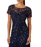 Adrianna Papell Round Neck Short Sleeve Floral Beaded Mesh Godet Fit and Flare Gown