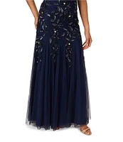 Adrianna Papell Round Neck Short Sleeve Floral Beaded Mesh Godet Fit and Flare Gown