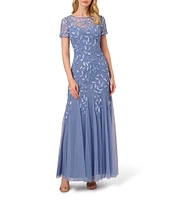 Adrianna Papell Round Neck Short Sleeve Floral Beaded Mesh Godet Fit and Flare Gown