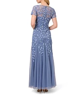 Adrianna Papell Round Neck Short Sleeve Floral Beaded Mesh Godet Fit and Flare Gown