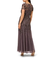 Adrianna Papell Round Neck Short Sleeve Floral Beaded Mesh Godet Fit and Flare Gown