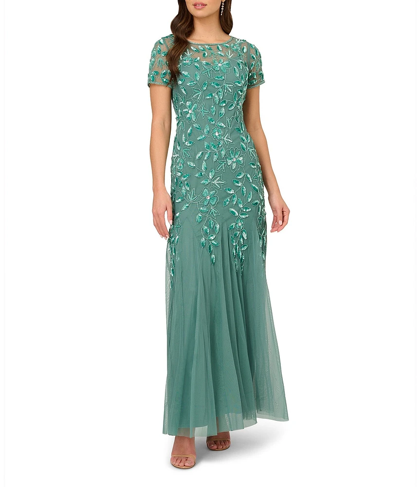 Adrianna Papell Round Neck Short Sleeve Floral Beaded Mesh Godet Fit and Flare Gown