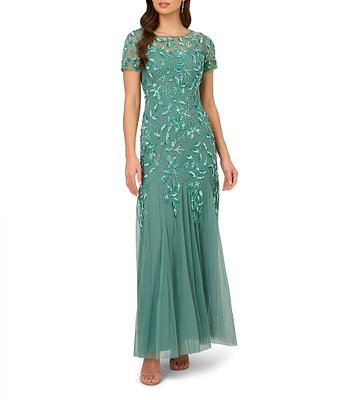Adrianna Papell Round Neck Short Sleeve Floral Beaded Mesh Godet Fit and Flare Gown