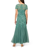 Adrianna Papell Round Neck Short Sleeve Floral Beaded Mesh Godet Fit and Flare Gown