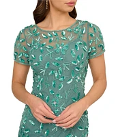 Adrianna Papell Round Neck Short Sleeve Floral Beaded Mesh Godet Fit and Flare Gown