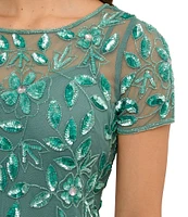 Adrianna Papell Round Neck Short Sleeve Floral Beaded Mesh Godet Fit and Flare Gown