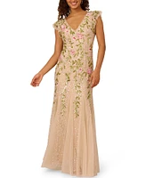 Adrianna Papell Floral Beaded Mesh V-Neck Flutter Sleeve Dress