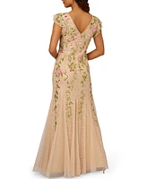 Adrianna Papell Floral Beaded Mesh V-Neck Flutter Sleeve Dress