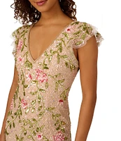 Adrianna Papell Floral Beaded Mesh V-Neck Flutter Sleeve Dress