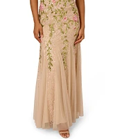 Adrianna Papell Floral Beaded Mesh V-Neck Flutter Sleeve Dress